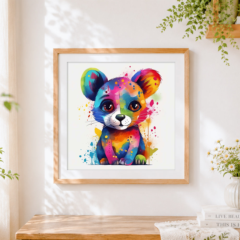 Finished rainbow watercolour cute mouse cross stitch artwork displayed