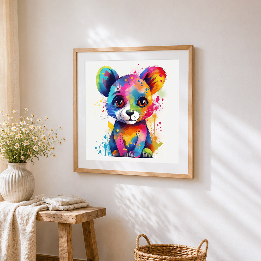 Rainbow watercolour cute mouse cross stitch artwork displayed on wall as home decor