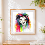 Finished rainbow watercolour lion cross stitch artwork displayed