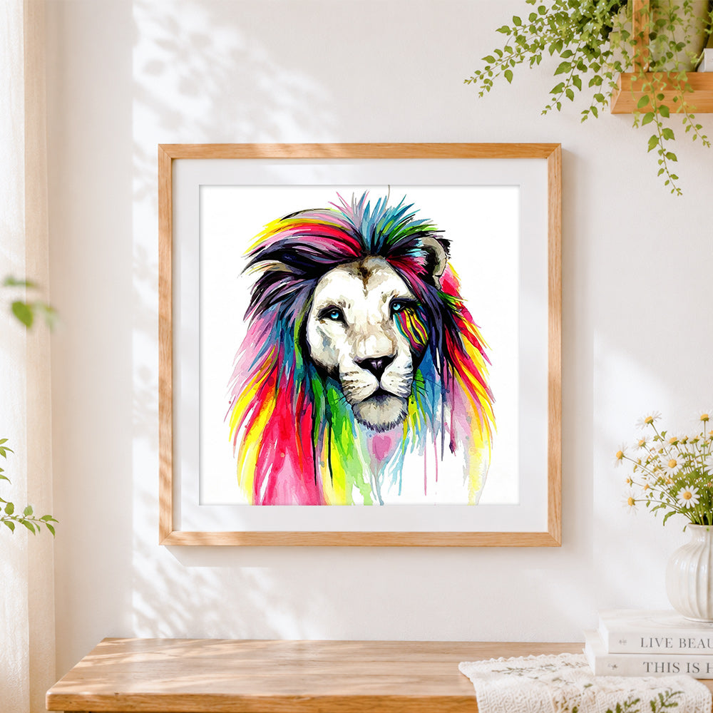 Finished rainbow watercolour lion cross stitch artwork displayed