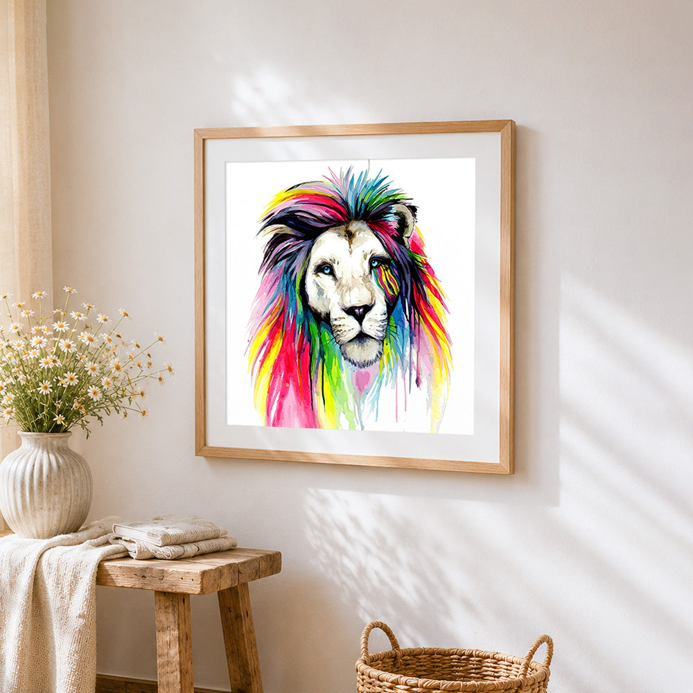 Rainbow watercolour lion cross stitch artwork displayed on wall as home decor