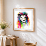 Rainbow watercolour lion cross stitch artwork displayed on wall as home decor
