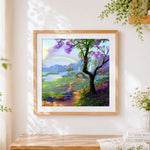 Finished rainbow waterfall valley cross stitch artwork displayed