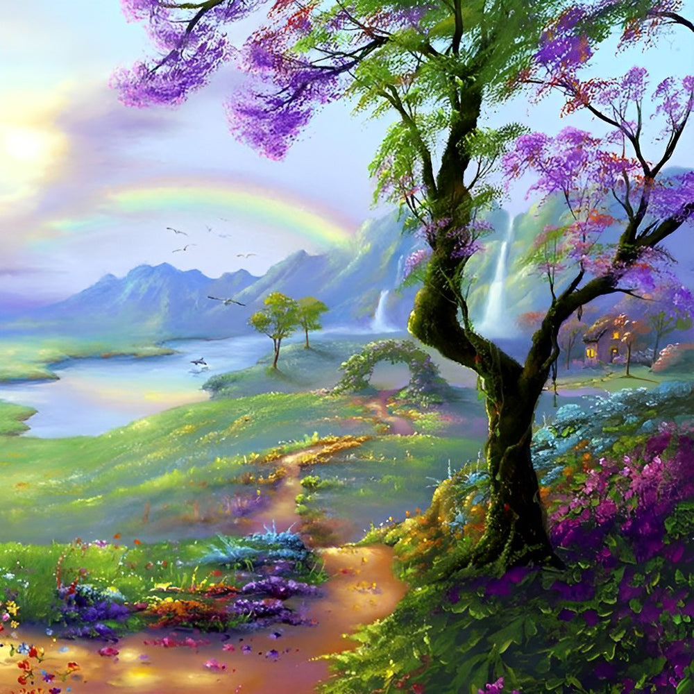 Rainbow waterfall valley cross stitch kit for beginners