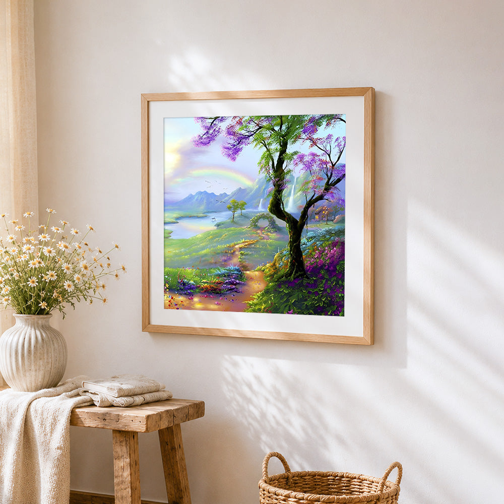 Rainbow waterfall valley cross stitch artwork displayed on wall as home decor