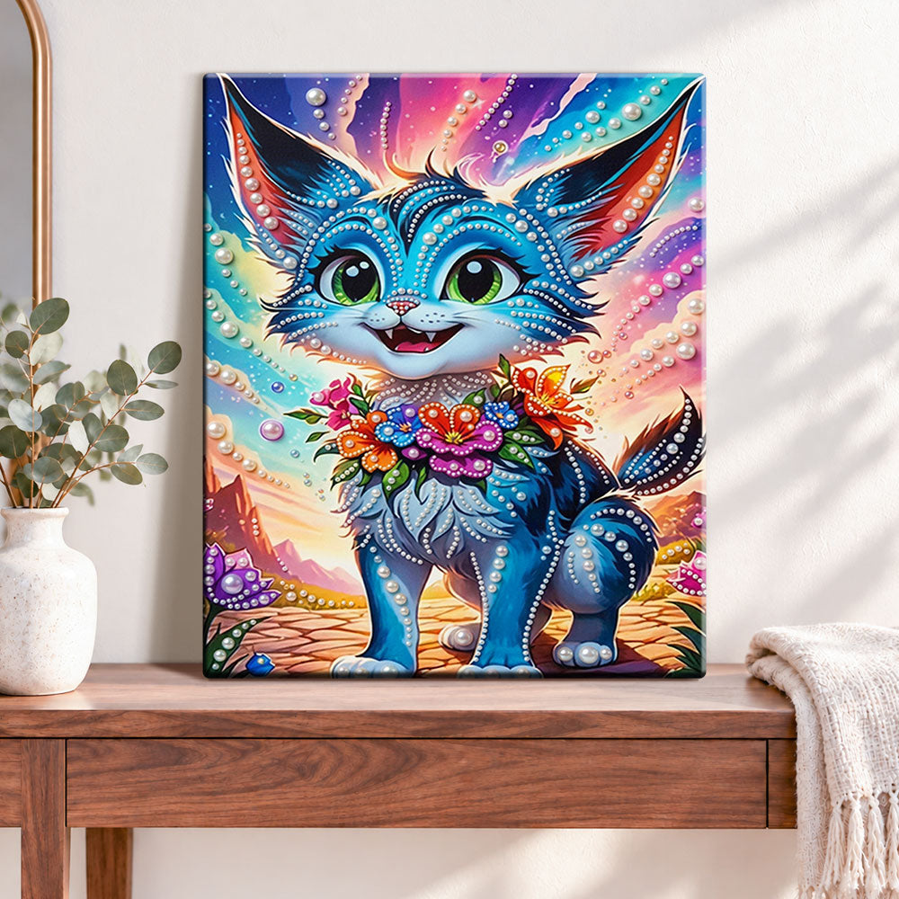 Finished rainbow wildcat charm pearl diamond painting artwork displayed as home decor