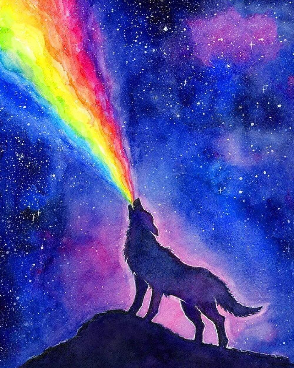 Rainbow wolf silhouette cross stitch kit for beginners