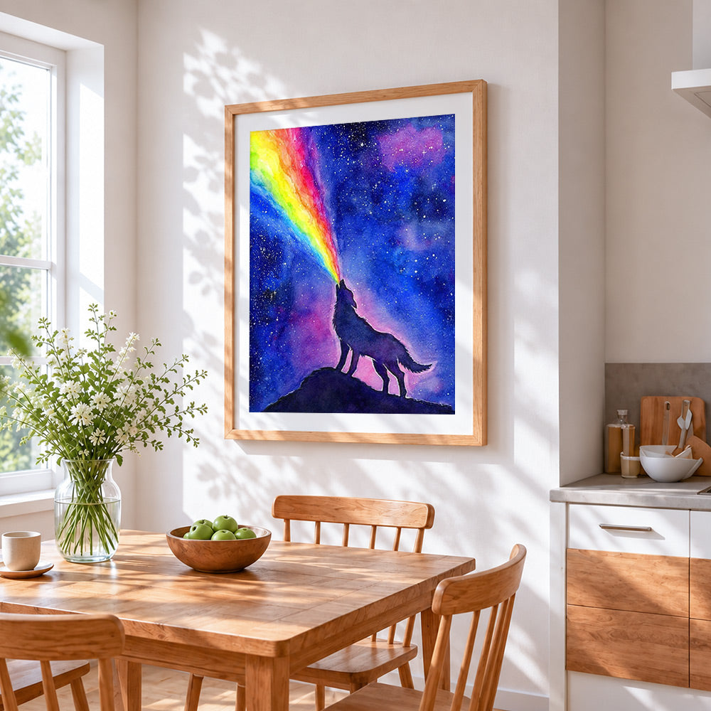 Rainbow wolf silhouette cross stitch artwork displayed on wall as home decor