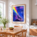 Rainbow wolf silhouette cross stitch artwork displayed on wall as home decor