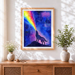 Finished rainbow wolf silhouette paint by numbers artwork displayed as home decor