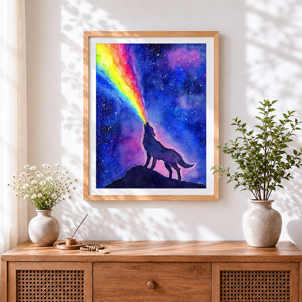 Finished rainbow wolf silhouette paint by numbers artwork displayed as home decor