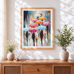 Finished rainy day walk with colourful umbrellas cross stitch artwork displayed