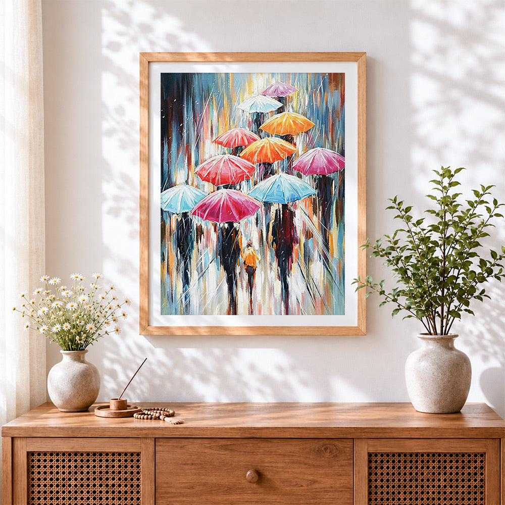 Finished rainy day walk with colourful umbrellas cross stitch artwork displayed