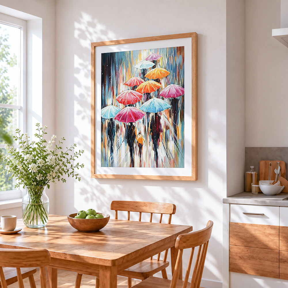 Rainy day walk with colourful umbrellas cross stitch artwork displayed on wall as home decor