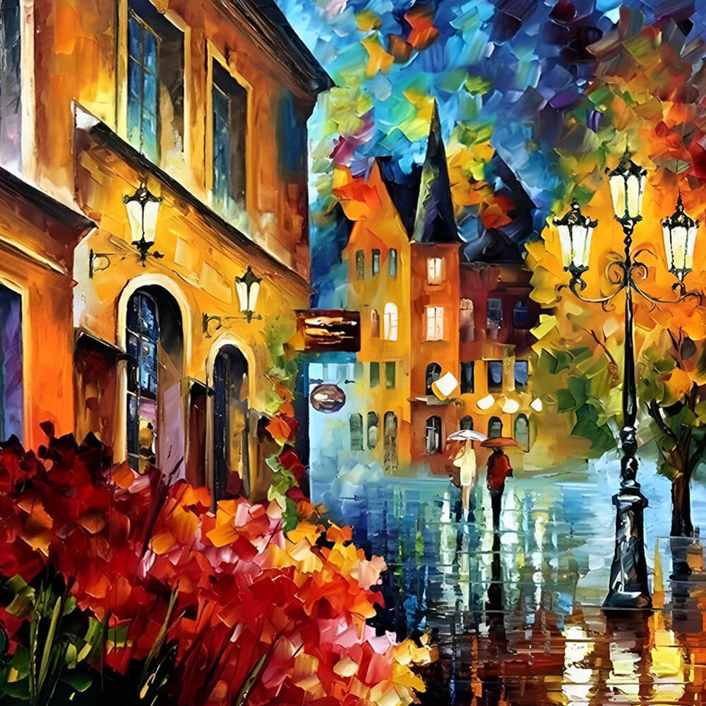 Rainy european street cross stitch kit for beginners