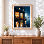 Finished rainy night cafe cross stitch artwork displayed
