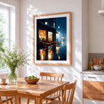 Rainy night cafe cross stitch artwork displayed on wall as home decor