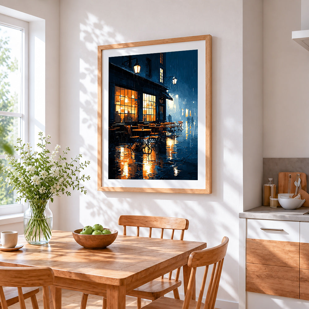Rainy night cafe cross stitch artwork displayed on wall as home decor