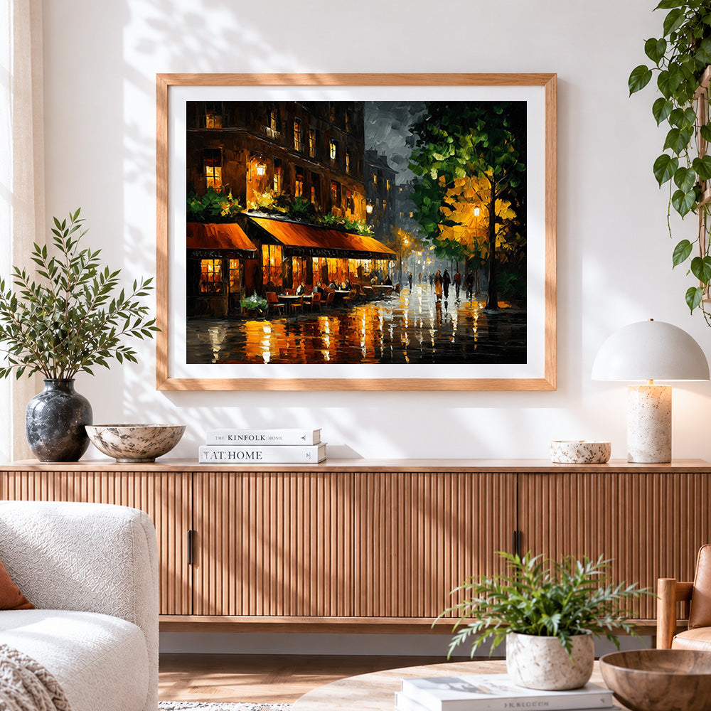 Finished rainy night parisian cafe cross stitch artwork displayed