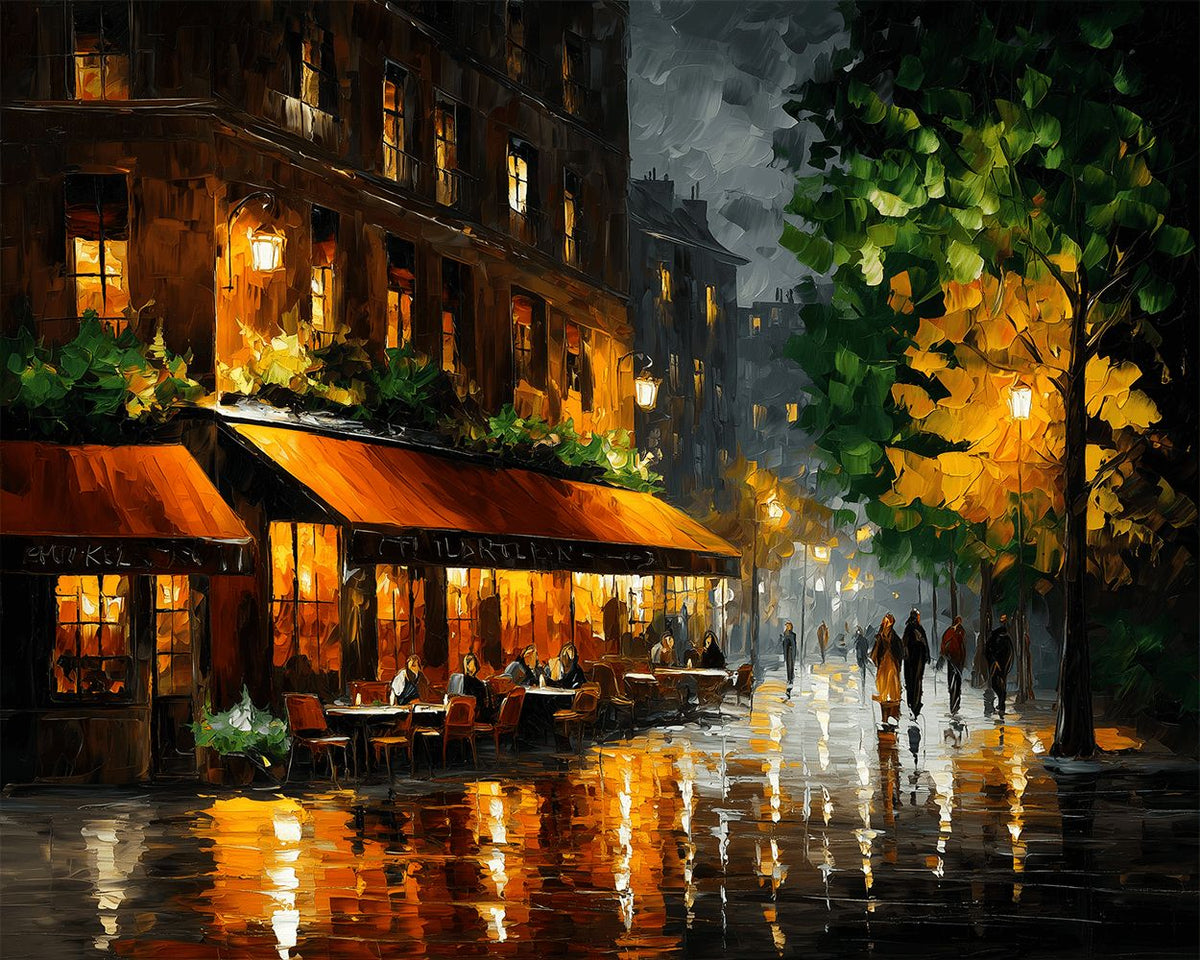 Rainy night parisian cafe cross stitch kit for beginners
