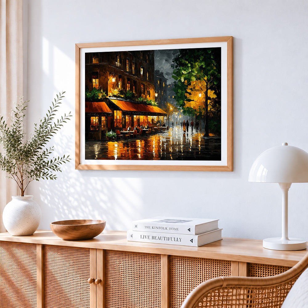 Rainy night parisian cafe cross stitch artwork displayed on wall as home decor