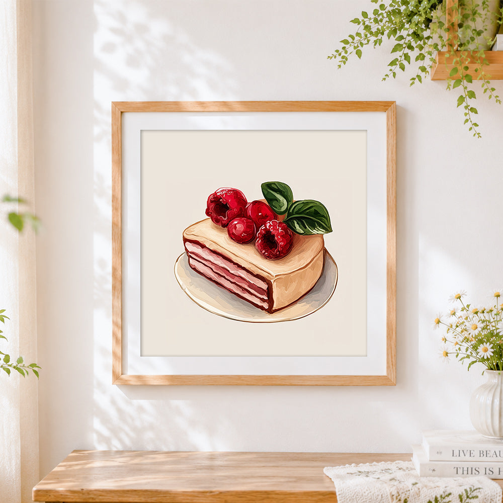 Finished raspberry layer cake slice cross stitch artwork displayed