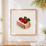 Finished raspberry layer cake slice cross stitch artwork displayed