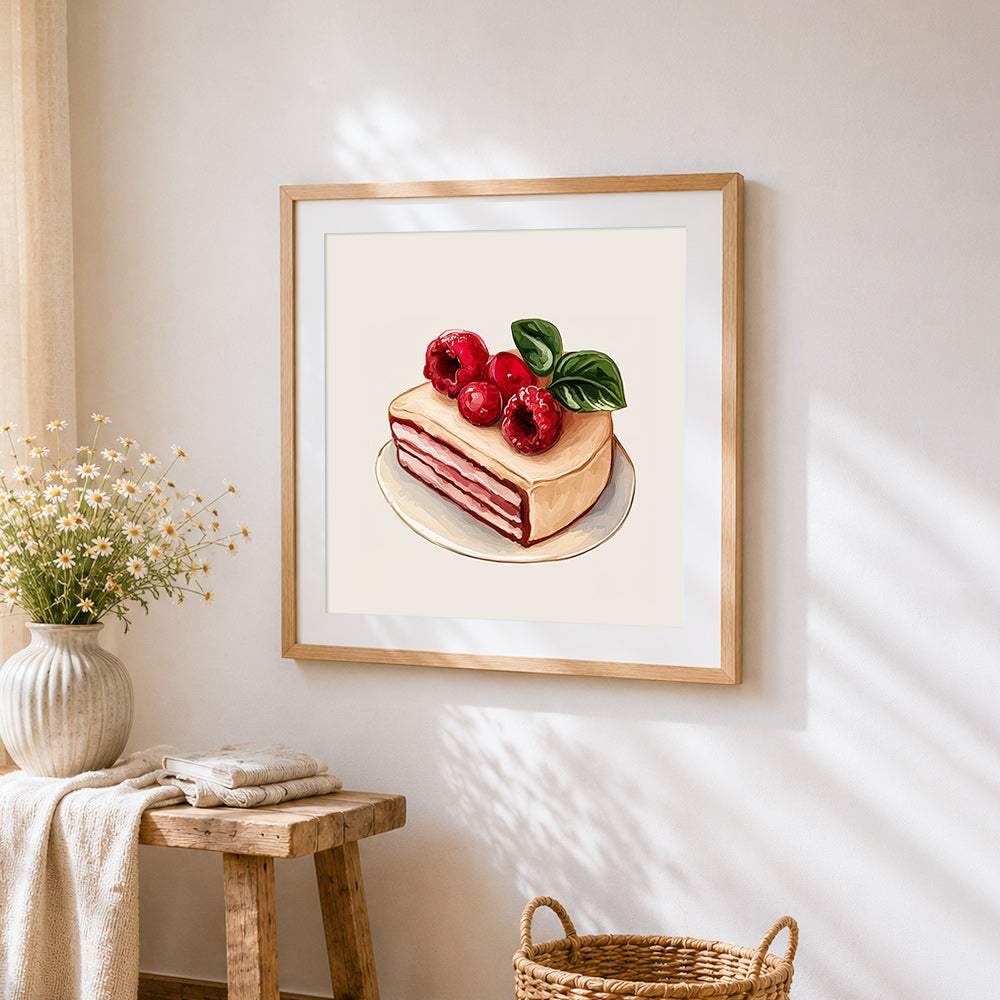 Raspberry layer cake slice cross stitch artwork displayed on wall as home decor
