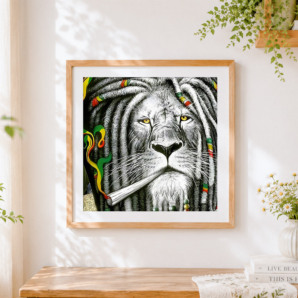 Finished rasta lion with dreadlocks cross stitch artwork displayed
