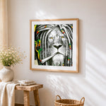 Rasta lion with dreadlocks cross stitch artwork displayed on wall as home decor