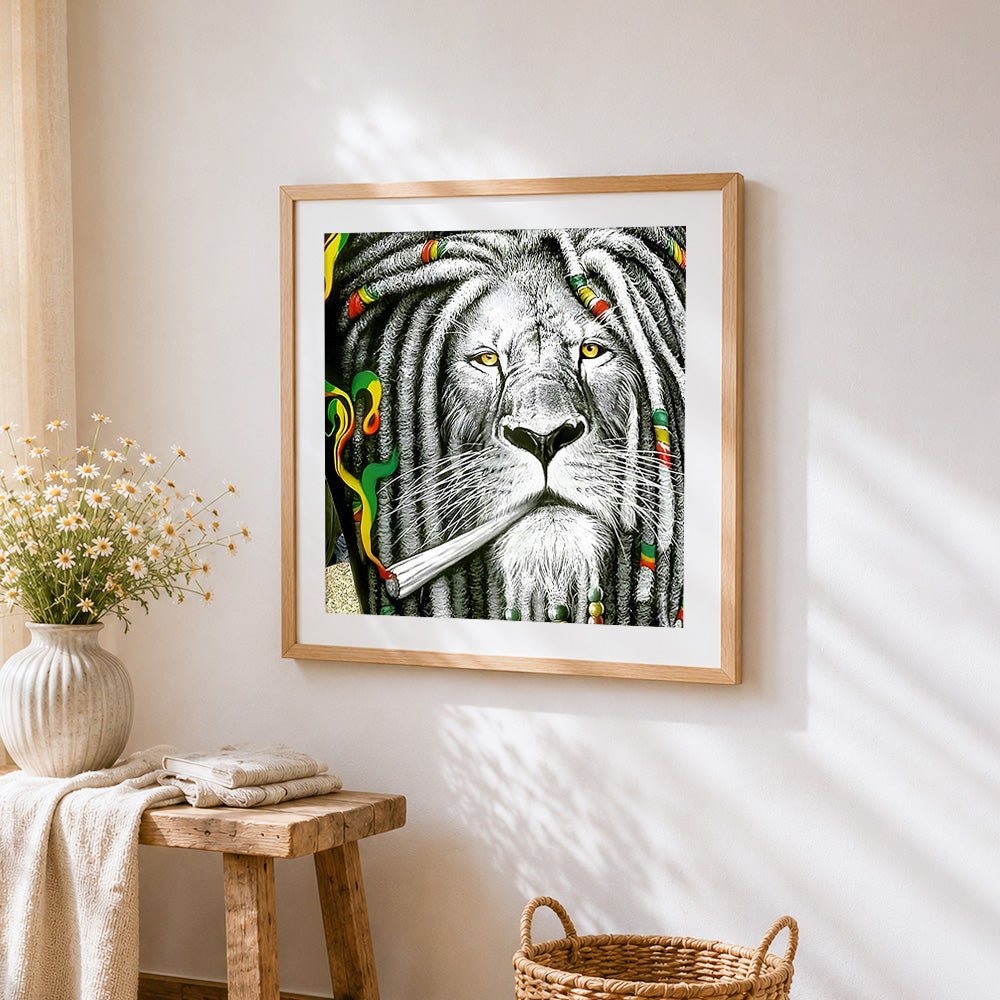 Rasta lion with dreadlocks paint by numbers artwork displayed on wall as home decor