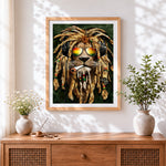 Finished rasta lion with headphones cross stitch artwork displayed