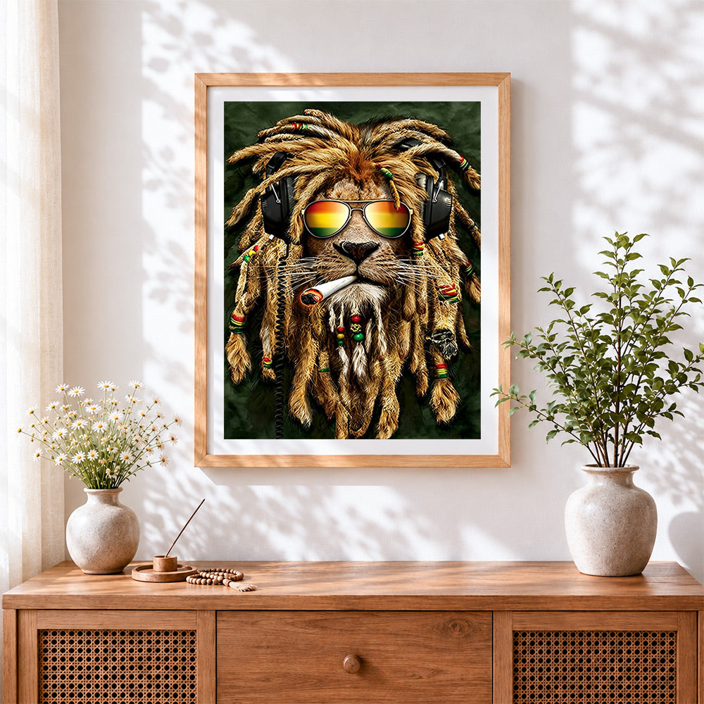 Finished rasta lion with headphones cross stitch artwork displayed