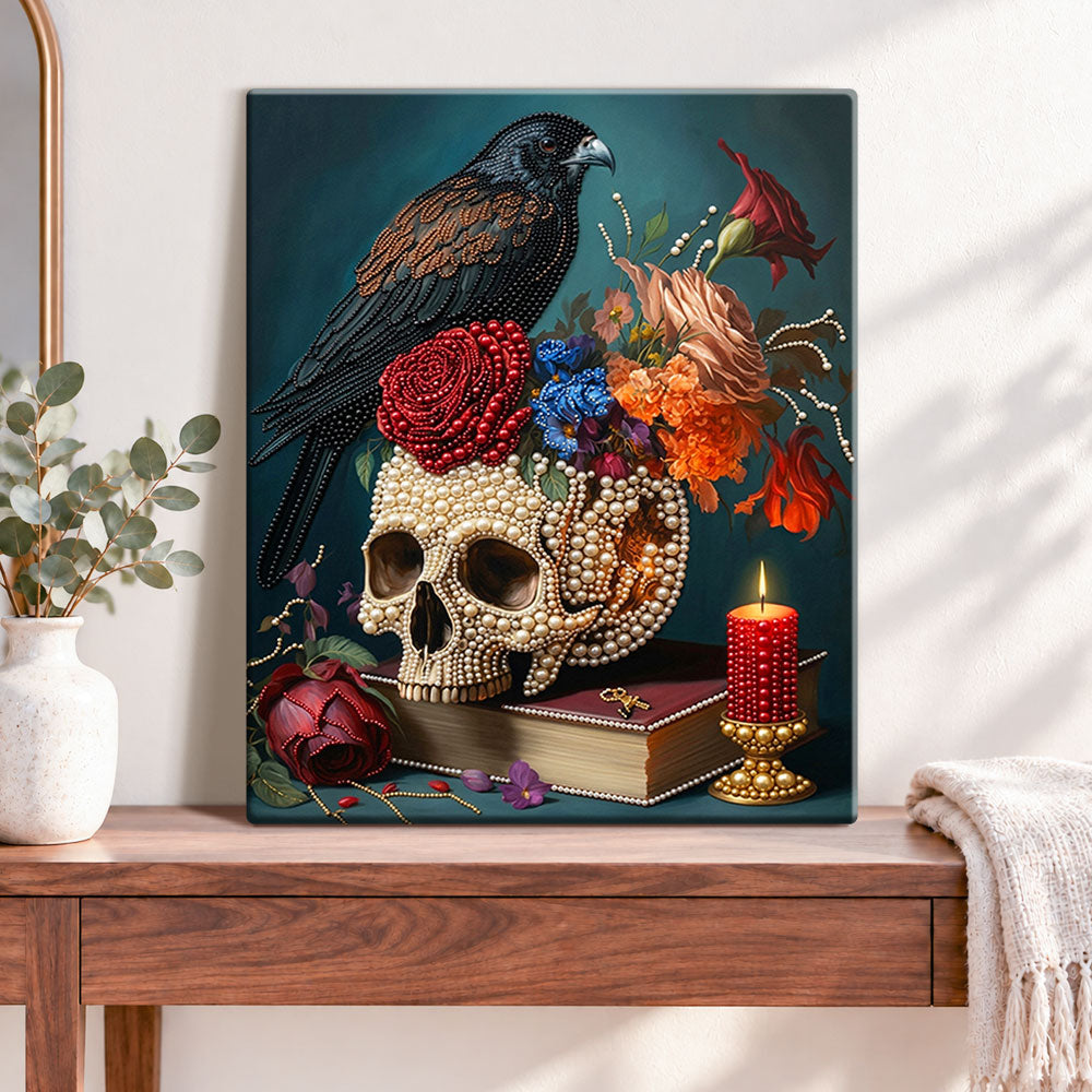 Finished raven and skull still life pearl diamond painting artwork displayed as home decor