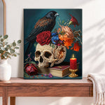 Finished raven and skull still life pearl diamond painting artwork displayed as home decor