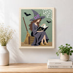 Finished reading witch with spell book artwork displayed on a wall
