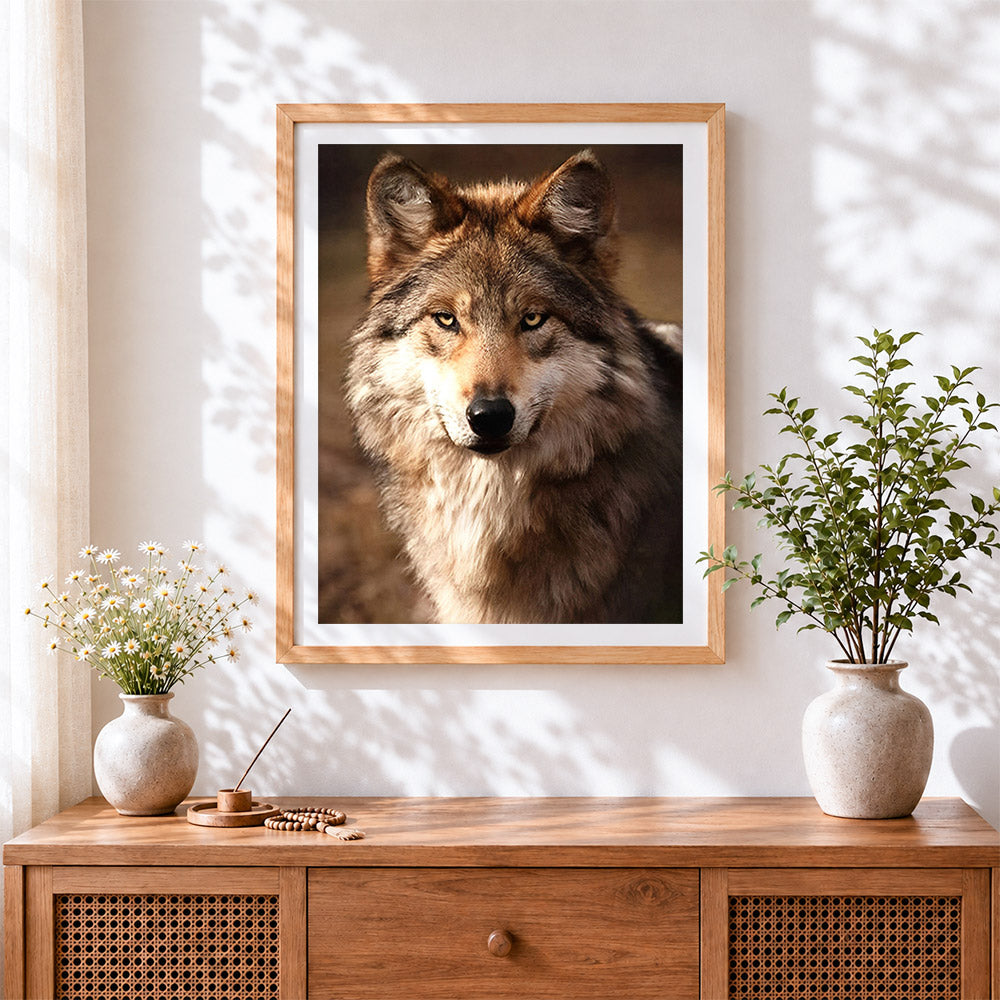 Finished realistic brown wolf portrait cross stitch artwork displayed