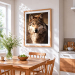 Realistic brown wolf portrait cross stitch artwork displayed on wall as home decor