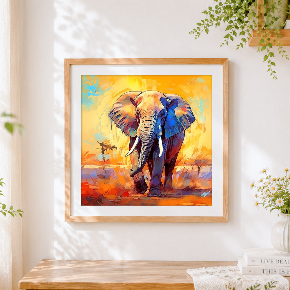 Finished realistic elephant in warm tones cross stitch artwork displayed