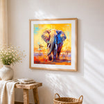 Realistic elephant in warm tones cross stitch artwork displayed on wall as home decor