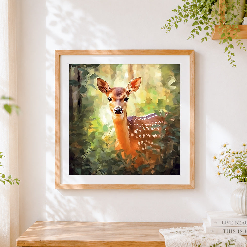 Finished realistic fawn in the forest cross stitch artwork displayed