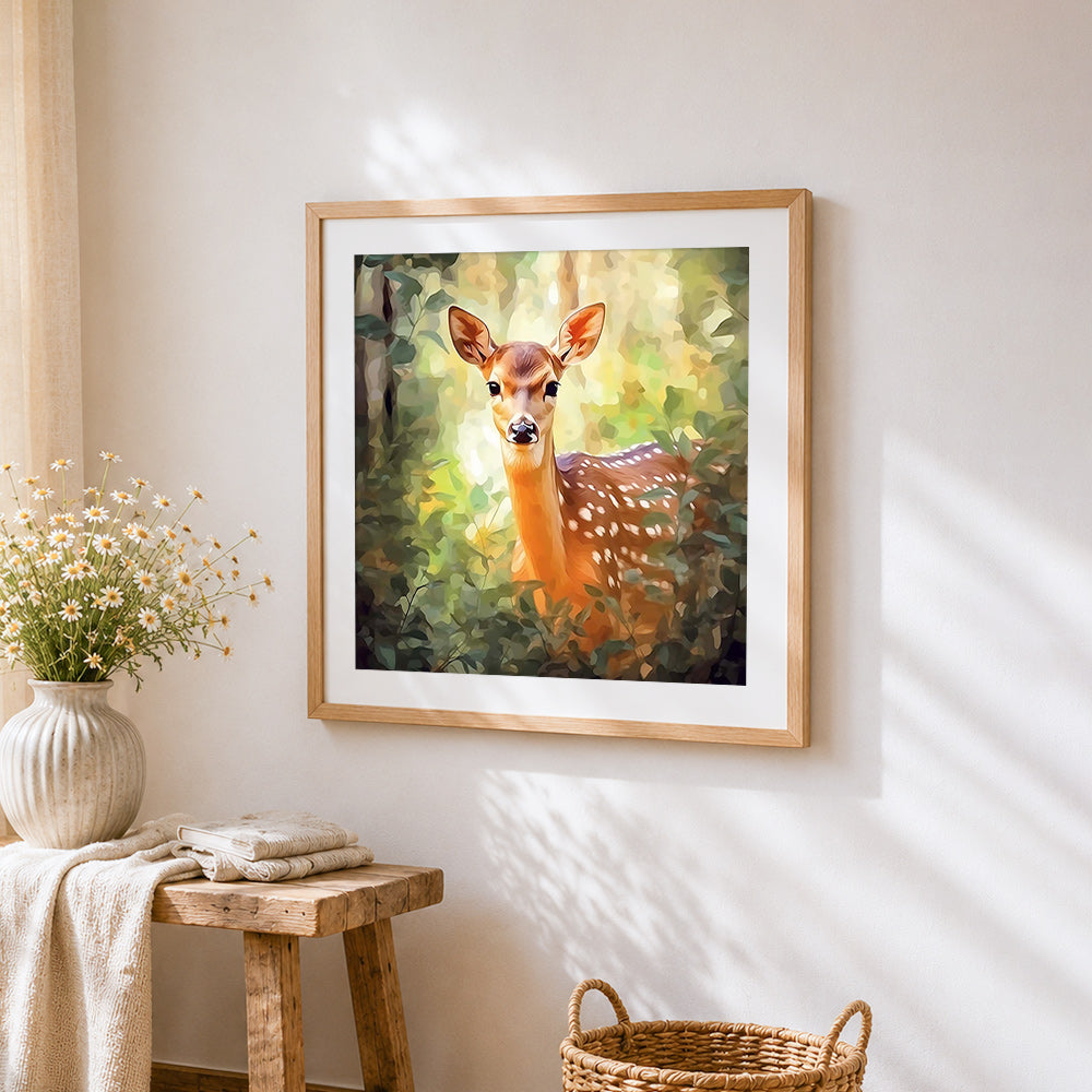 Realistic fawn in the forest cross stitch artwork displayed on wall as home decor