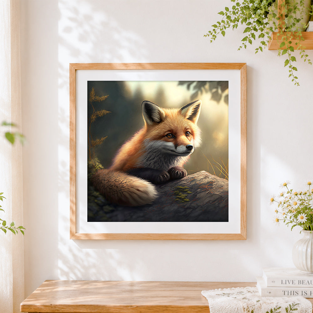 Finished realistic fox in a forest cross stitch artwork displayed