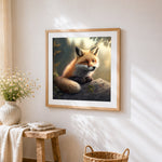 Realistic fox in a forest cross stitch artwork displayed on wall as home decor