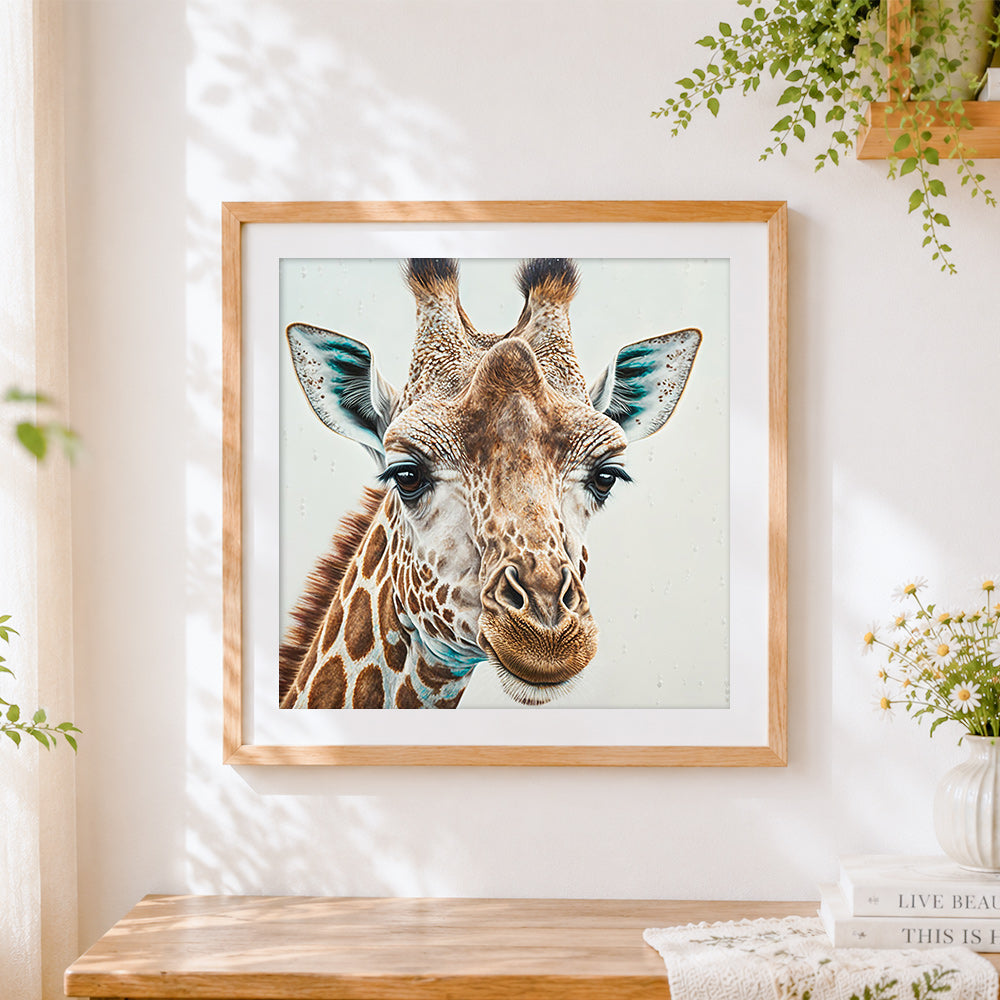 Finished realistic giraffe portrait cross stitch artwork displayed