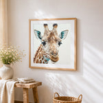 Realistic giraffe portrait cross stitch artwork displayed on wall as home decor