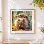 Finished realistic hedgehog in autumn forest cross stitch artwork displayed
