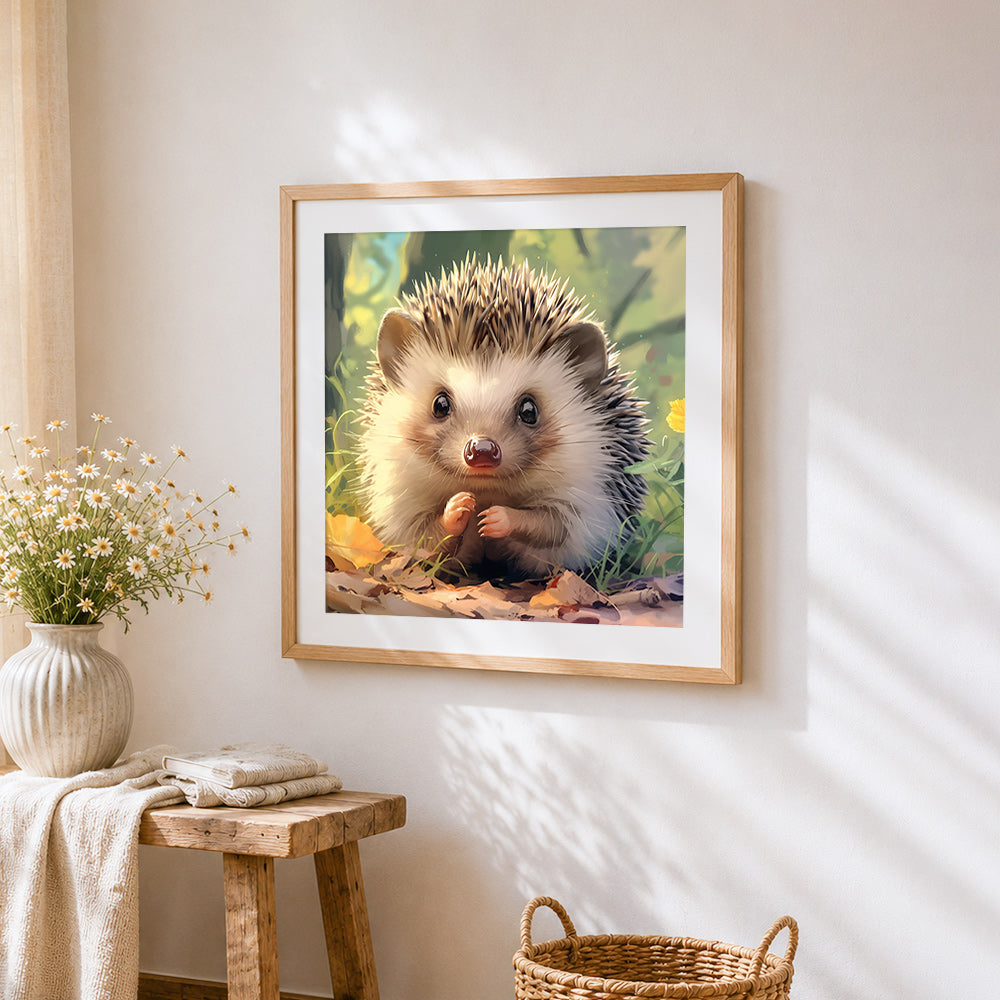 Realistic hedgehog in autumn forest cross stitch artwork displayed on wall as home decor