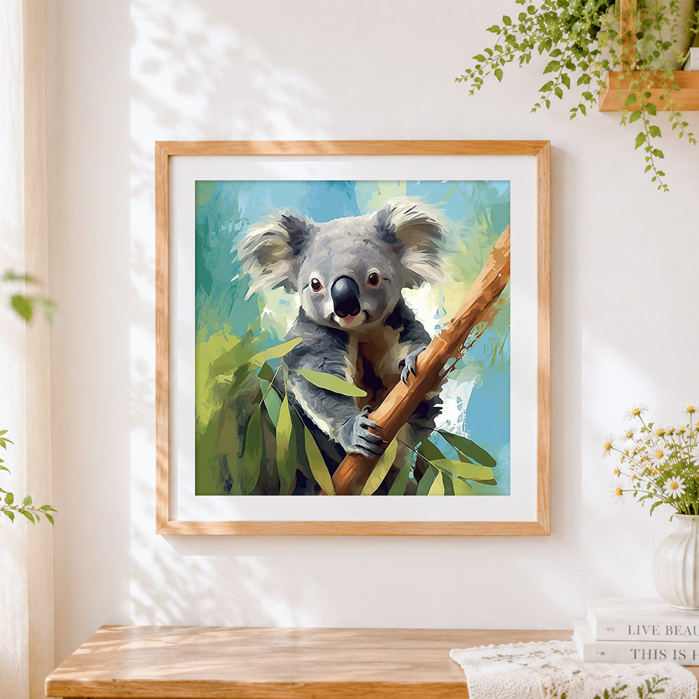 Finished realistic koala in a tree cross stitch artwork displayed