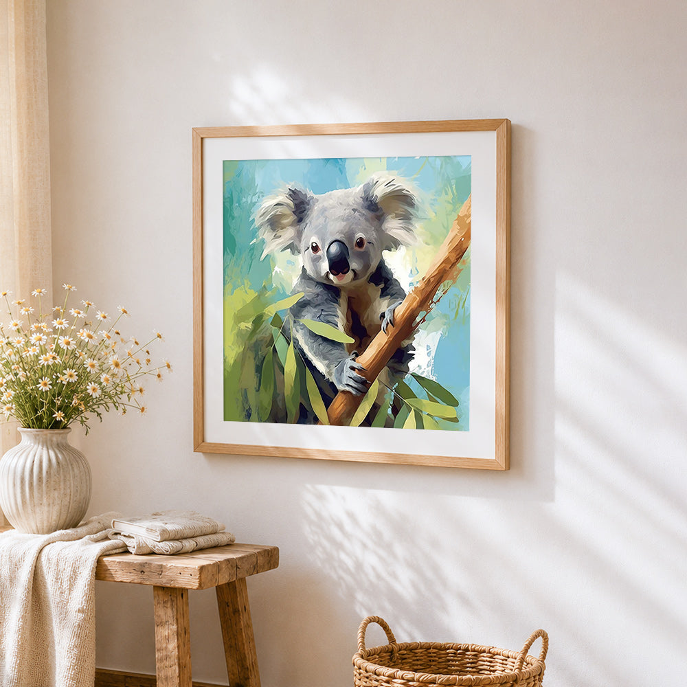 Realistic koala in a tree cross stitch artwork displayed on wall as home decor